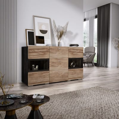 Meubel Square - Dressoir Belix - Walnoot / Donkergrijs - Commode met LED-verlichting