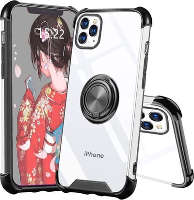 Hoesje Geschikt voor iPhone 12 Pro Max hoesje - Backcover met Ringhouder - Verstevigde hoeken - Transparant/Zwart