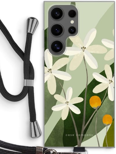 Case Company® - Hoesje met koord geschikt voor Samsung Galaxy S24 Ultra hoesje met Koord - Ivory bloom - Telefoonhoesje met Zwart Koord - Bescherming aan alle Kanten en Over de Schermrand