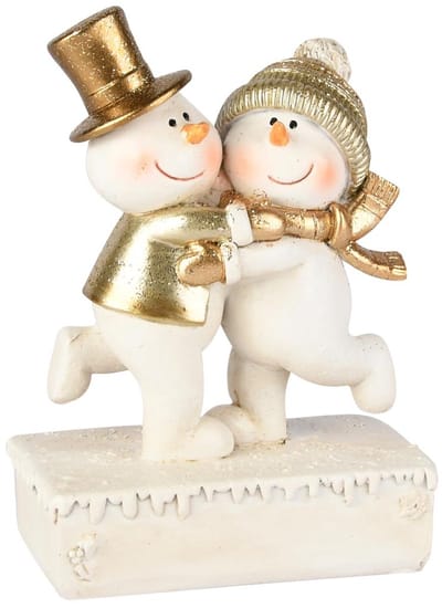 Dekoratief | Koppel sneeuwmannen op ijsblok, wit/goud, resina, 9x5x13cm | A255721