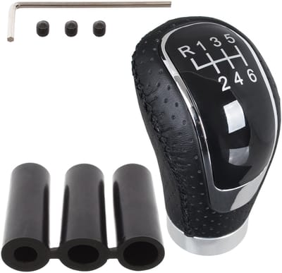 Modecar - Universele Versnellingspookknop - Zwart Leder - Zilver - 6 Versnellingen