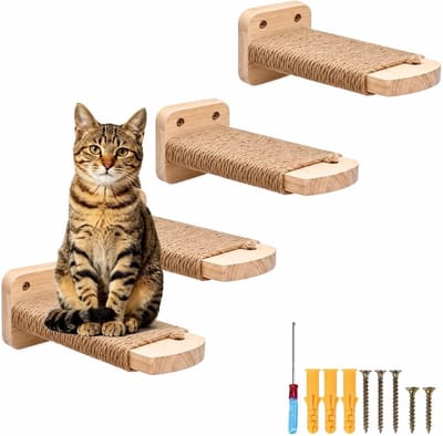 Kattentrap muur voor katten, klimwand van hout met jute touw, wandligstoel voor klimmen en spelen, massief rubberhout, ideaal voor actieve katten
