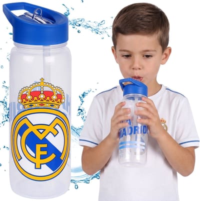 Real Madrid Waterfles met drinktuit en handvat voor fans, doorzichtige fles met slangetje 600 ml