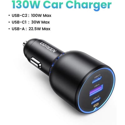 UGREEN autolader 130W supersnel laden sigarettenaansteker, één naar drie, geschikt voor Apple 16/15, Huawei Xiaomi auto's zwart