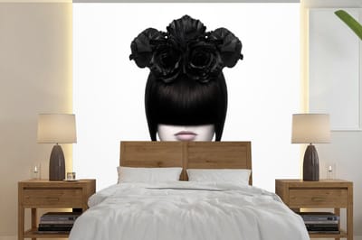 Behang - Fotobehang Portret - Vrouw - Rozen - Abstract - Zwart wit - Breedte 240 cm x hoogte 240 cm