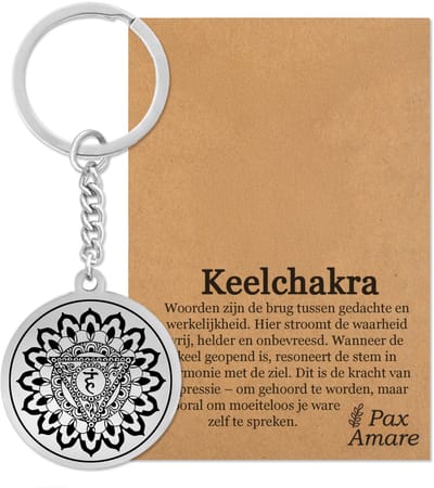 Keel Chakra (Vishuddha) Sleutelhanger op Cadeau Kaartje - Zilverkleurig Talisman - Roestvrij Staal - Spiritueel Cadeau - Pax Amare