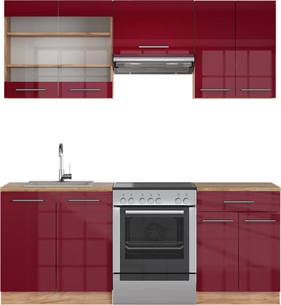 Vicco Fame-Line Complete keukeneenheid – 200 cm zonder werkblad Bordeaux hoogglans/gouden eik