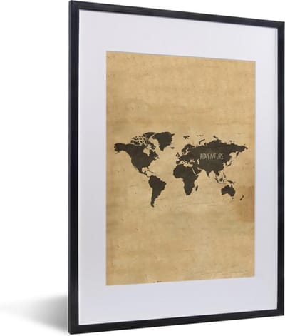 Poster in lijst - Fotolijst 30x40 cm - Posters - Wereldkaart - Vintage - Papyrus - Spreuk - Posterlijst zwart - Decoratie - Wanddecoratie woonkamer - Muurdecoratie slaapkamer
