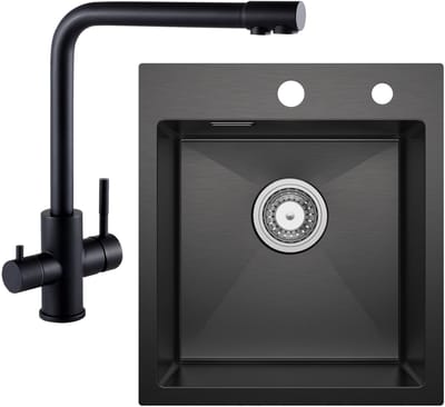 CECIPA max Spoelbak Keuken Antraciet 40x45CM - Spoelbakken met Kraangat - Spoelbak Keuken Met 3 Wege Keukenkraan - Spoelbakken Keuken - Wasbak Keuken - RVS