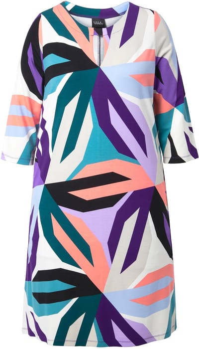 Ulla Popken - Dames - Punto jurk grafische bloemenprint ronde hals 3/4-mouwen - Donker violet - Maat 42+