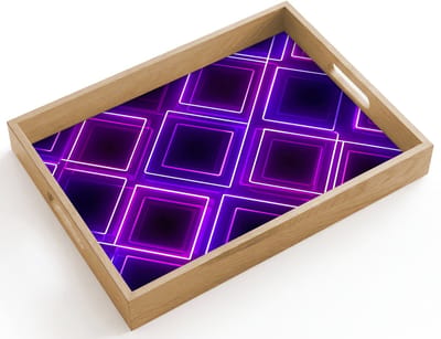 Dienblad hout 40x30 cm - Schootdienblad - Gaming - Ruiten - Neon - Paars - Borrelplank rechthoek - Plateau dienbladen