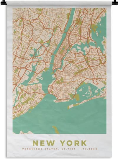 Wandkleed - Wanddoek - New York - Stadskaart - Vintage - Plattegrond - Kaart - 120x180 cm - Wandtapijt