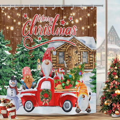 Famanu - Douchegordijn 180 × 200 cm, kabouter en kerstboomprint met rode vrachtwagen, winterdesign, waterdicht en wasbaar – Rood