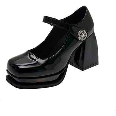 Nieuwe Dames Schoenen voor Lente en Herfst met Dikke Hak en Hoge Hak Gesp Riem Mary Jane Enkellaarsjes Dames Effen Kleur Vierkante Neus 39 black