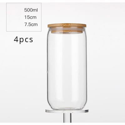 Herbruikbare Glazen met Bamboe Deksel en Glazen Rietje Bierblikvormige Drinkglazen IJskoffie 2 Reinigingsborstels 17oz 4-delige Set 401-500ml gray