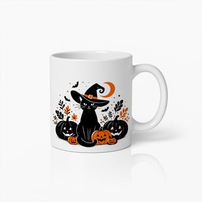 Halloween Zwarte Kat Heks Keramische Mok - Griezelige Pompoen en Vleermuis Herfst Koffiebeker