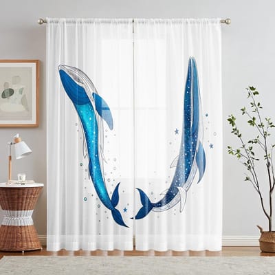 2 Stuks HD Digitaal Springende Blauwe Walvis Geprint Raamvalletje Huisdecoratiestijl Decoratie Woonkamer Slaapkamer Roede Gordijn W52H63inchW132H160cm white