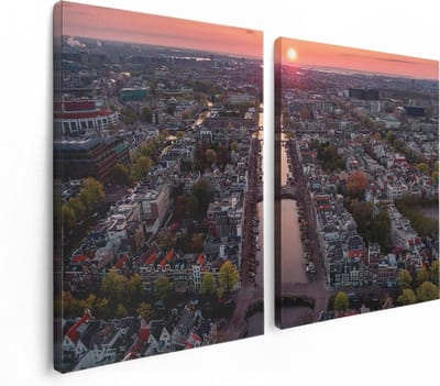 Artaza Canvas Schilderij Tweeluik Bovenaanzicht Amsterdam Met Zonsondergang - 120x80 - Foto Op Canvas - Canvas Print
