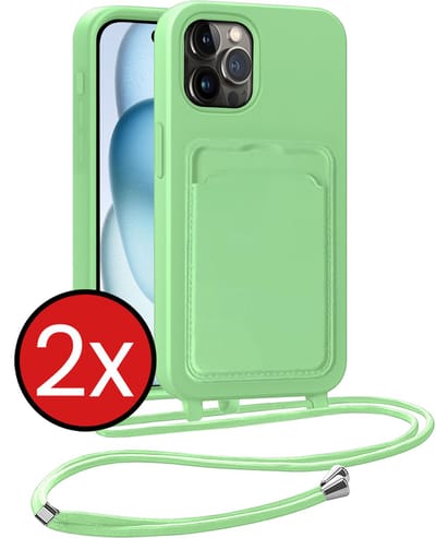 Hoesje Geschikt voor iPhone 14 Pro Max Hoesje Met Telefoonkoord en Pasjeshouder Siliconen - Hoes Geschikt voor iPhone 14 Pro Max Hoesje Met Kaarthouder Case - Groen - 2 PACK