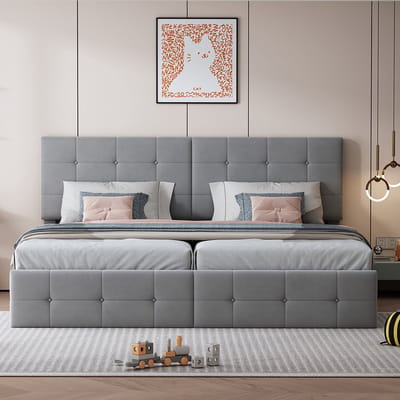 KOMHTOM Tweepersoonsbed Gestoffeerd bed 180x200 cm Hydraulisch opbergbed Zachte fluwelen Grijs