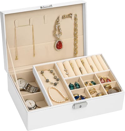 sieradenkistje voor op reis, PU-leer, 2 lagen, sieradendozen, grote sieradenbox, organizer voor ringen, oorbellen, horloges, halskettingen, armbanden, 23 x 17 x 9 cm (wit)