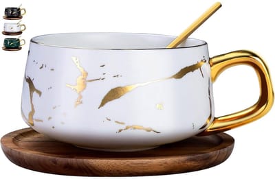 longziming -Ceramic Cups - Cappuccino Cups - Melkschuim Behoudend Design - Bleivrije Keramiek - Matte Afwerking Met Gouden Marmerstructuur - Ideaal Voor Warme Dranken - 1 Stuks - wit