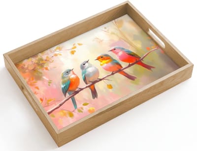 Dienblad hout 40x30 cm - Schootdienblad - Vogels - Kleurrijk - Tak - Borrelplank rechthoek - Plateau dienbladen