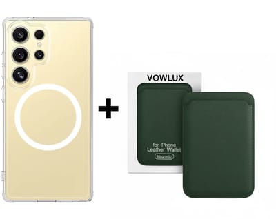 VOWLUX Compatible MagSafe Hoesje voor Samsung Galaxy S25 Ultra Transparant – Inclusief Donkergroen Wallet Pasjeshouder – 24 Magneten – Kunstleer – 3 Kaarten – Shockproof Case