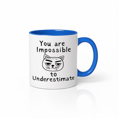Grappige Chagrijnige Kat Mok 330ml – Blauw-Witte Koffiemok met “You Are Impossible to Underestimate” Sarcastische Tekst