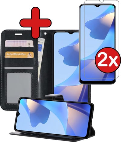 Hoesje - Met 2x Screenprotector - Geschikt voor OPPO A16s - Luxe Pasjeshouder - Flip Case - Bookcase Portemonee - Kunstleer Book Case - Flipcase Hoes - Book Cover - Walletcase - Portemonneehoes - Telefoonhoes - Zwart