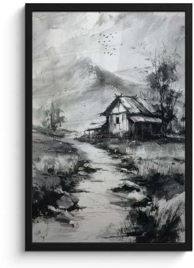 Poster in lijst - Fotolijst 40x60 cm - Posters - Hut - Grijs - Bergen - Mistig - Posterlijst zwart - Decoratie - Wanddecoratie woonkamer - Muurdecoratie slaapkamer