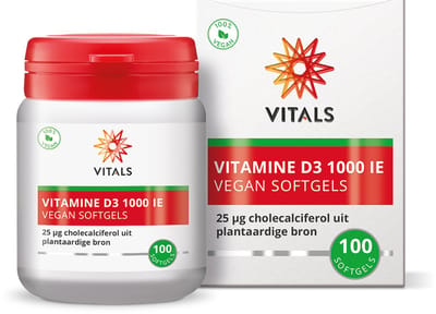 Vitals Vitamine D3 1000 IE - 100 softgels. 25 mcg cholecalciferol uit plantaardige bron.