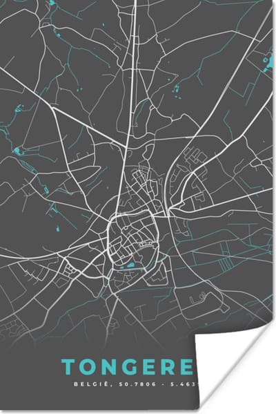 Poster Plattegrond – Tongeren – Blauw – Stadskaart - Kaart - 120x180 cm XXL
