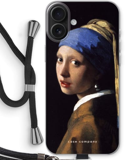 Case Company® - Hoesje met koord geschikt voor iPhone 16 Plus hoesje met Koord - The Pearl Earring - Telefoonhoesje met Zwart Koord - Bescherming aan alle Kanten en Over de Schermrand