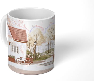 Mok - Koffiemok - Dorpsplein - Fontein - Tulpen - Mokken - 350 ML - Beker - Koffiemokken - Theemok