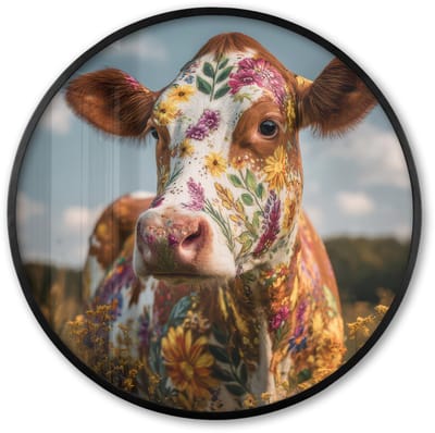 Poster in lijst Rond - Fotolijst 60x60 cm - Posters - Koe - Bloemen - Weiland - Ronde posterlijst zwart - Decoratie - Wanddecoratie woonkamer - Muurdecoratie slaapkamer