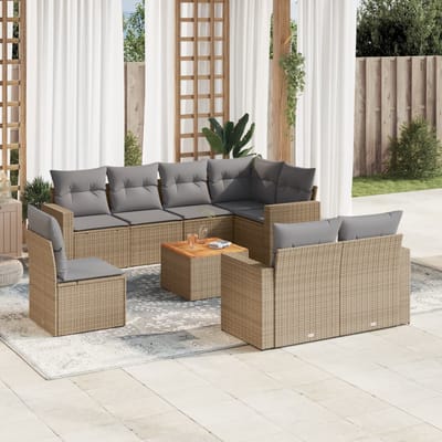 vidaXL - 9-delige - Loungeset - met - kussens - poly - rattan - beige