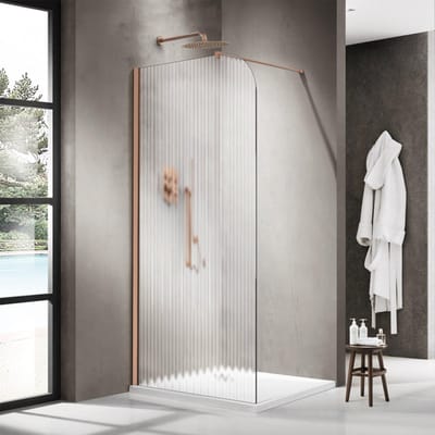 FugaFlow Eccelente Vetro Inloopdouche - 100x200cm - afgeronde glaswand - links - ribbel glas - wandarm - geborsteld koper (Koper)