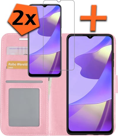 Hoes - Met 2x Screenprotector - Geschikt voor OPPO A16s - Luxe Pasjeshouder - Bookcase Portemonee - Flip Case - Kunstleer Book Case - Flipcase Hoes - Book Cover - Walletcase - PortemonneeHoes - Lichtroze