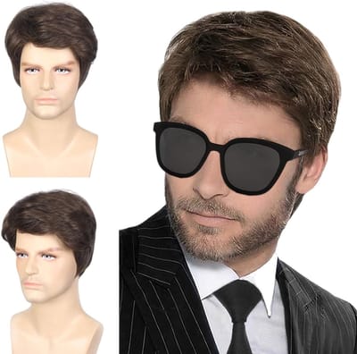 Korte Bruine Gelaagde Peruk voor Mannen - 80s Stijl, Krullend en Golfend Haar voor Cosplay en Dagelijks Gebruik