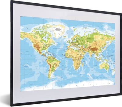 Poster in lijst - Fotolijst 60x40 cm - Posters - Wereldkaart - Staatkundig - Blauw - Aarde - Educatief - Posterlijst zwart - Decoratie - Wanddecoratie woonkamer - Muurdecoratie slaapkamer