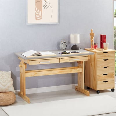 Kinderbureau OLIVIA van grenenhout met lades in naturel/grijs