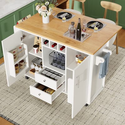 MEUNIQ keukeneiland 137,9 x 73 x 92,2 cm met opklapbaar werkblad, 2 lades, 2 deuren, wijnrek, open vakken en kruidenrek op wielen voor keuken wit