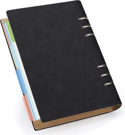 A5 Ringband Notitieboek - 14x21cm Gelinieerd Notitieboek met 100GSM 5mm Raster - 150 Bladen - 6-Rings Ringband met Scheidingsbladen - Zwart PU Leer Notitieboek voor Agenda, Planner en Organiser