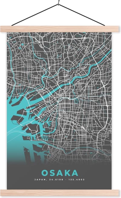 Posterhanger incl. Poster 40x60 cm - Schoolplaat - Osaka - Kaart - Stadskaart - Plattegrond - Blauw - Textielposter - Blanke latten - Stadskaart