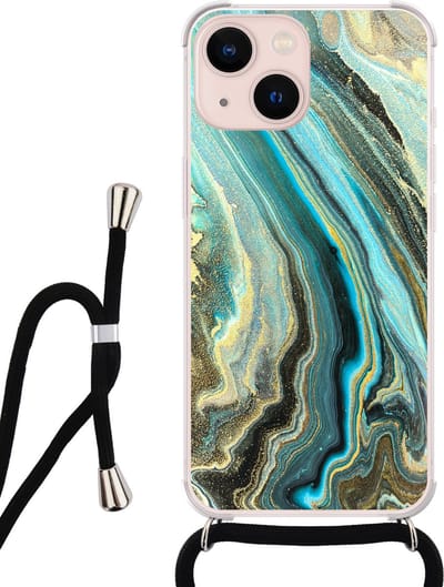 Hoesje met koord - Geschikt voor iPhone 13 - Marmer mint - Verstelbaar zwart koord - Transparant - Marmer - Leuke Telefoonhoesjes