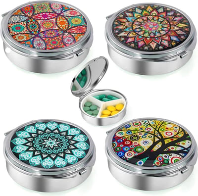 Decoratieve Ronde Pillendoos met Spiegel, 4 Stuks, Metalen Organizer voor Vitaminen en Medicijnen, Ideaal voor Dagelijks Gebruik en Reizen
