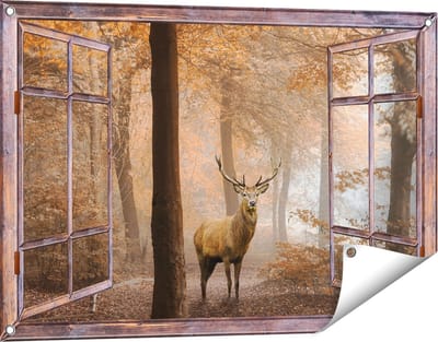 Gards Tuinposter Doorkijk Hert in het Bos - Herfst - 90x60 cm - Tuindoek - Tuindecoratie - Wanddecoratie buiten - Tuinschilderij
