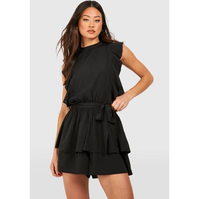 boohoo Dames Lange Geweven Ruffle Flippy Playsuit | Zwart | Maat: 40