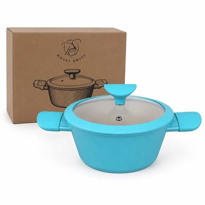 Royal Swiss® Braadpan 20 cm met Glazen Deksel – Inductie Kookpan – Aluminium Pan met Antiaanbaklaag – Geschikt voor Alle Warmtebronnen – Blauw